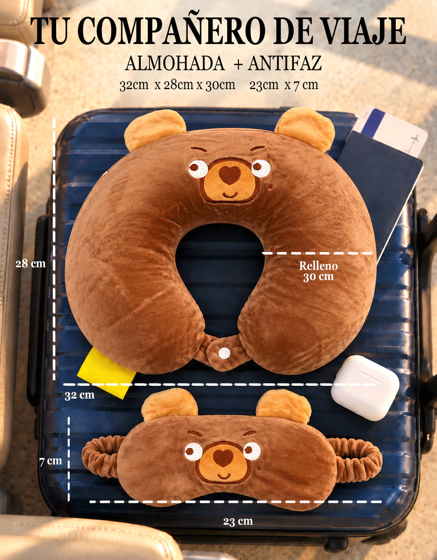 Almohada de Viaje para Cuello con Antifaz · Diseño de Animalito · Suave y Acolchada color Café (osito)