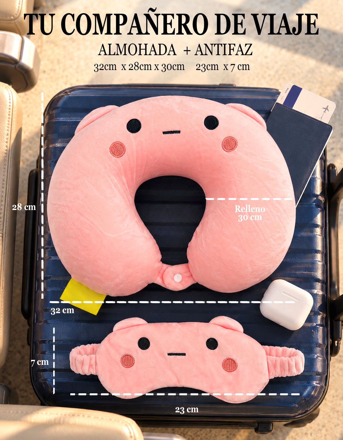 Almohada de Viaje para Cuello con Antifaz · Diseño de Animalito · Suave y Acolchada color Rosa (cerdito)