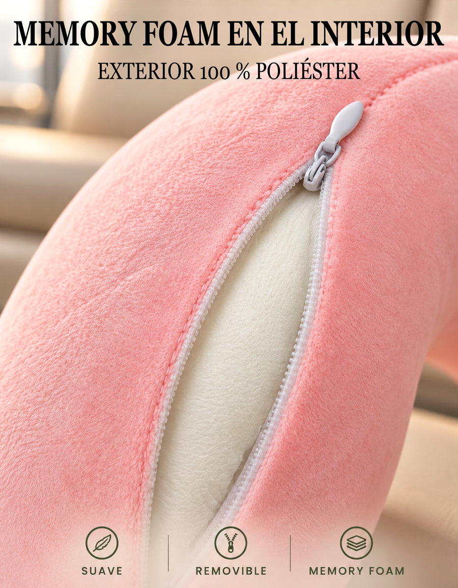 Almohada de Viaje para Cuello con Antifaz · Diseño de Animalito · Suave y Acolchada color Rosa (cerdito)