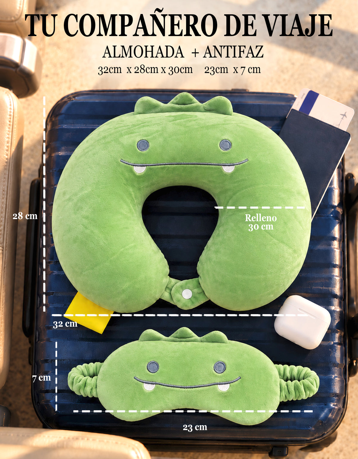Almohada de Viaje para Cuello con Antifaz · Diseño de Animalito · Suave y Acolchada color Verde (dino)