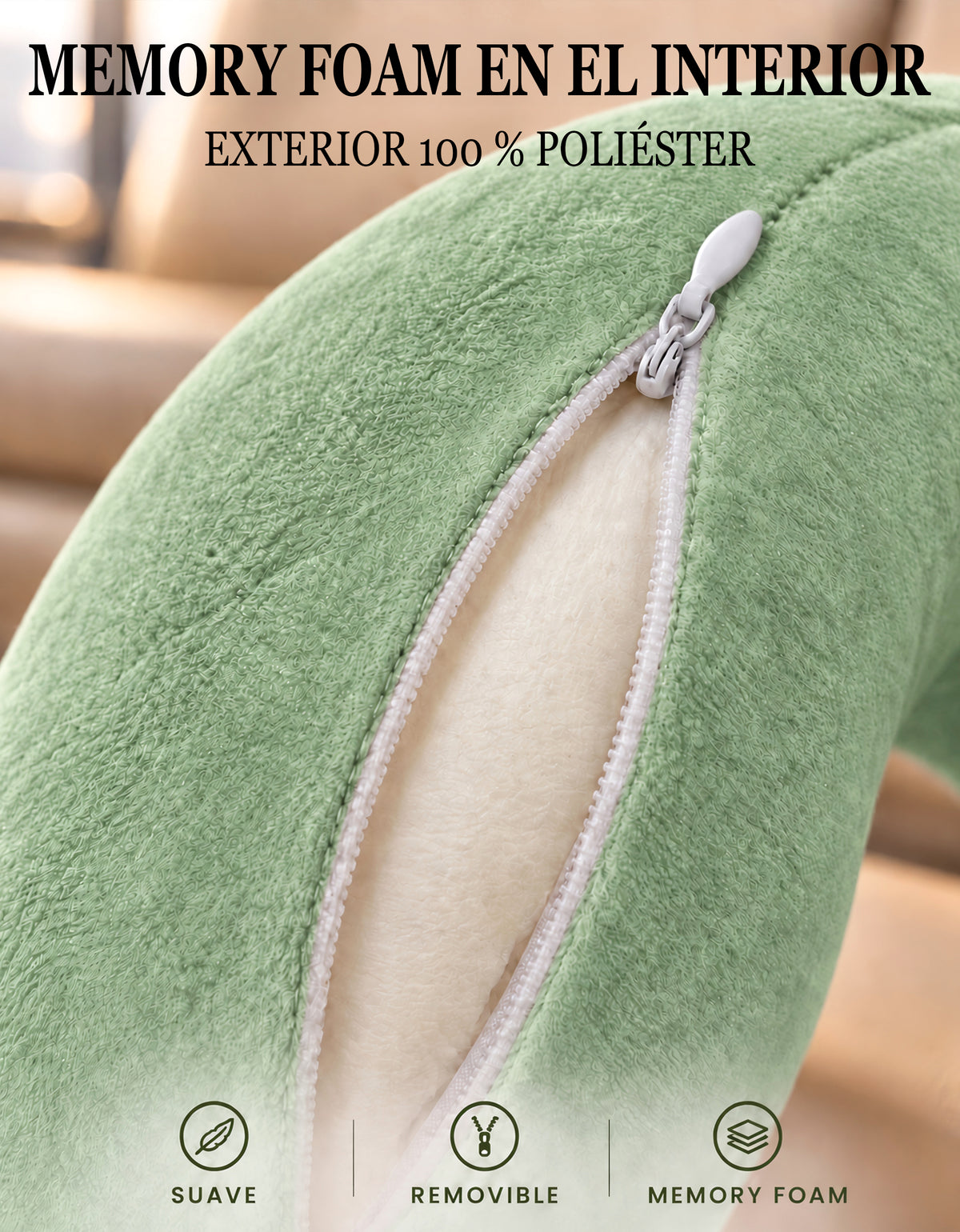 Almohada de Viaje para Cuello con Antifaz · Diseño de Animalito · Suave y Acolchada color Verde (dino)