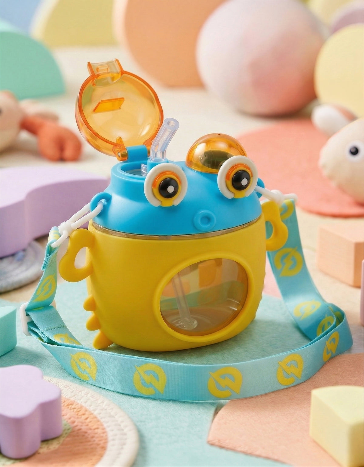 Vaso Infantil 450 ml con Popote y Correa Ajustable · Diseño de Rana color Amarillo