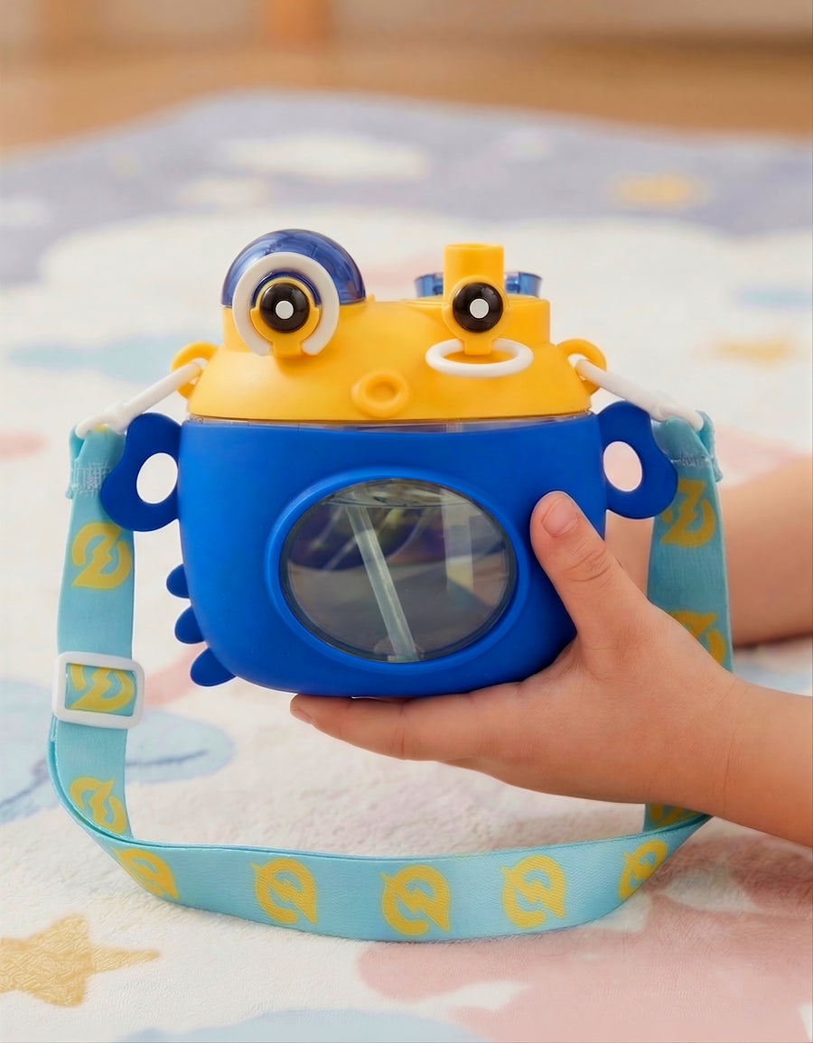 Vaso Infantil 450 ml con Popote y Correa Ajustable · Diseño de Rana color Azul