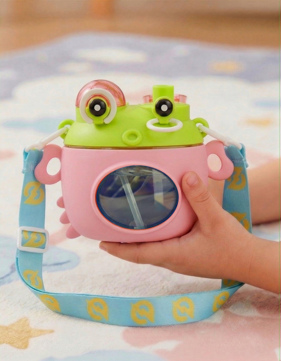 Vaso Infantil 450 ml con Popote y Correa Ajustable · Diseño de Rana color Rosa