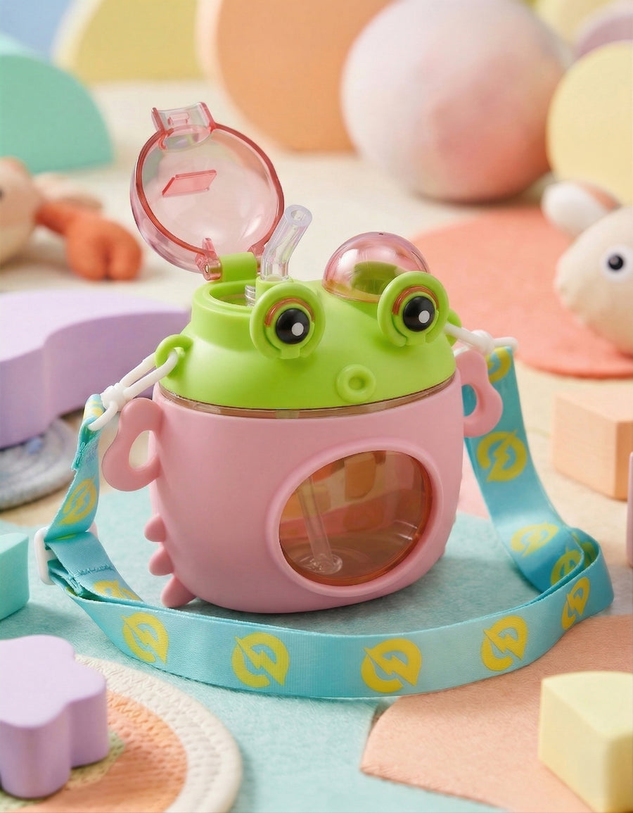 Vaso Infantil 450 ml con Popote y Correa Ajustable · Diseño de Rana color Rosa