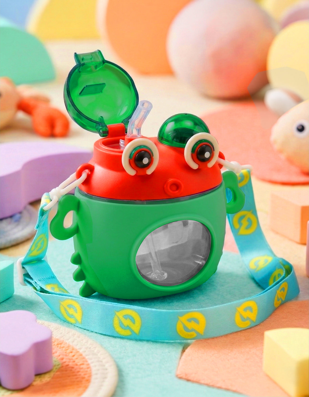 Vaso Infantil 450 ml con Popote y Correa Ajustable · Diseño de Rana color Verde