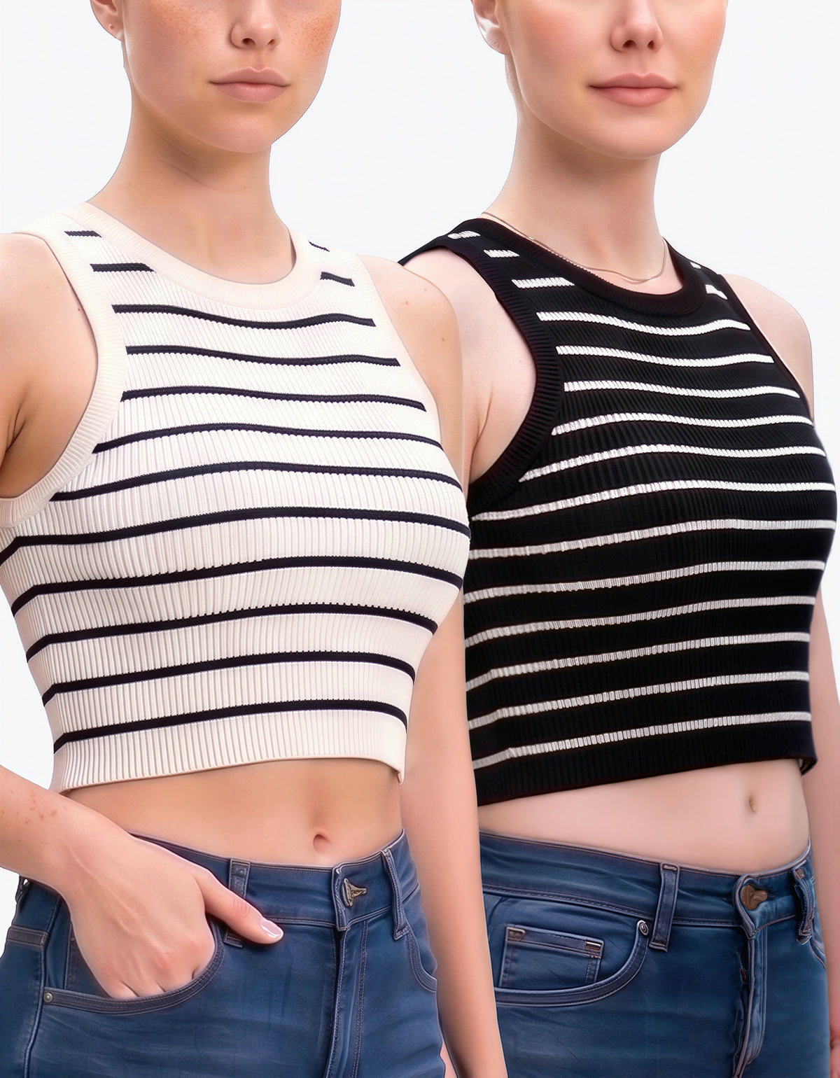 Top Mujer Tirantes Acanalado color Blanco con Líneas Negras