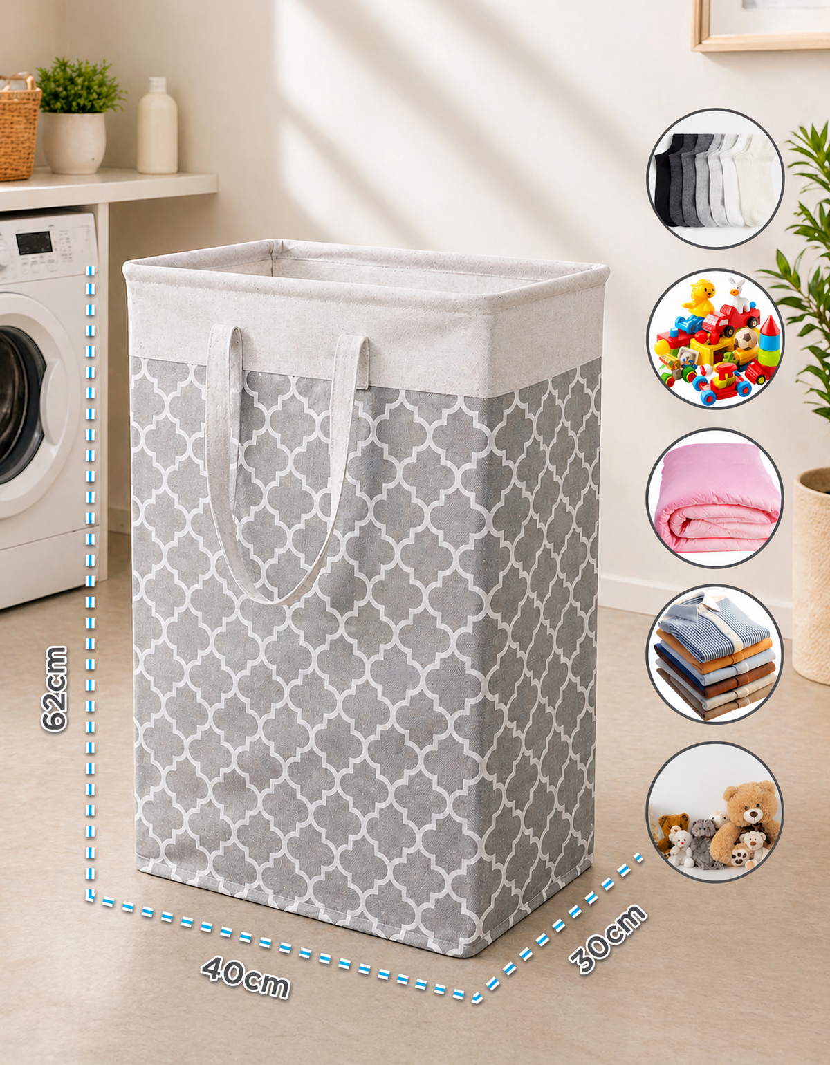 Canasta Organizadora con Asas 60 × 26 × 36 cm · Para Ropa y Juguetes · Diseño Geométrico