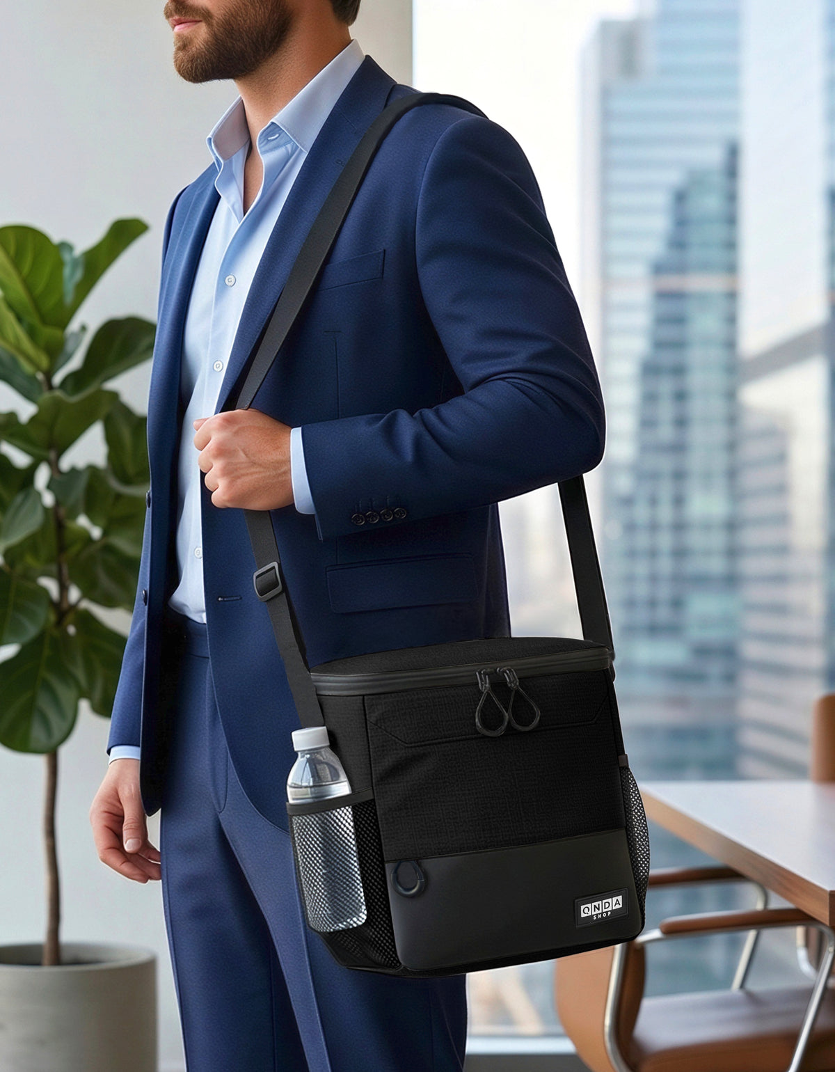 Lonchera Térmica con Correa · Bolsa Cooler con Portabotella · 31 × 21 × 15.5 cm color Negro