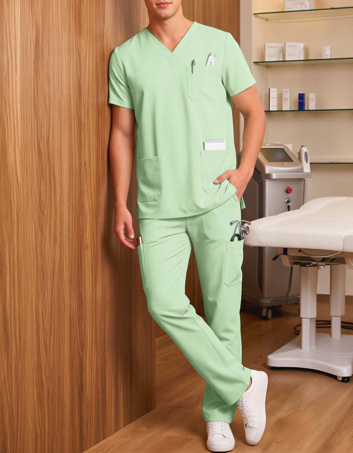Uniforme Médico 2 Piezas Filipina y Pantalón · Unisex color Verde Claro