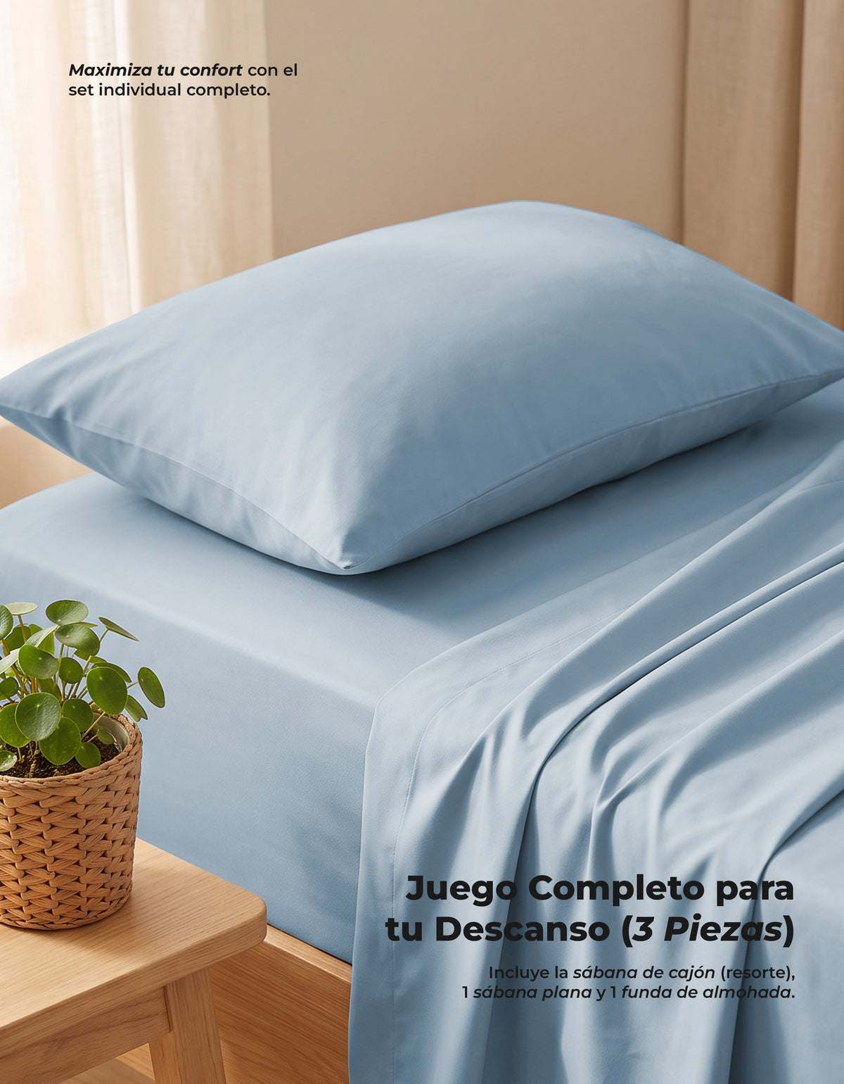 Juego de Sábanas Individual Microfibra 3 Piezas · Sábana de Cajón con Resorte color Azul Cielo