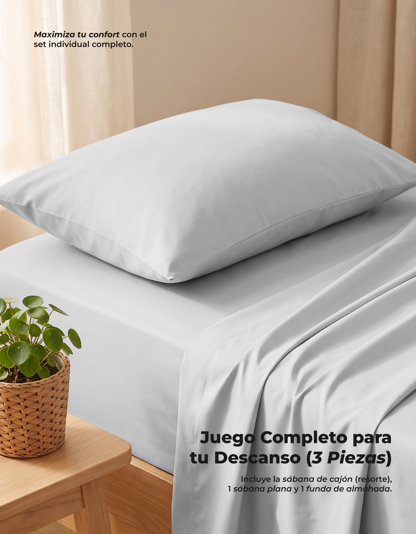 Juego de Sábanas Individual Microfibra 3 Piezas · Sábana de Cajón con Resorte color Blanco