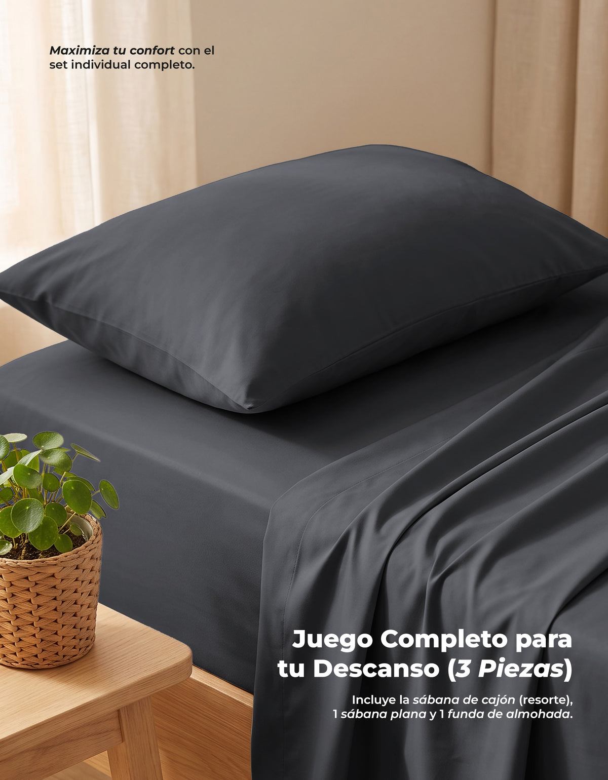 Juego de Sábanas Individual Microfibra 3 Piezas · Sábana de Cajón con Resorte color Gris Oxford
