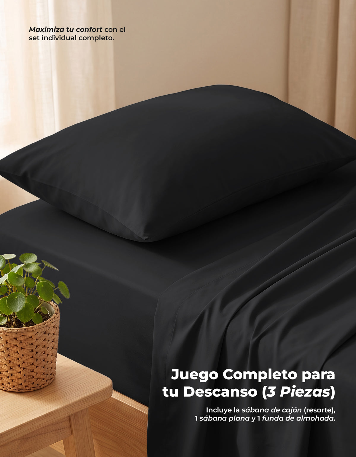 Juego de Sábanas Individual Microfibra 3 Piezas · Sábana de Cajón con Resorte color Negro