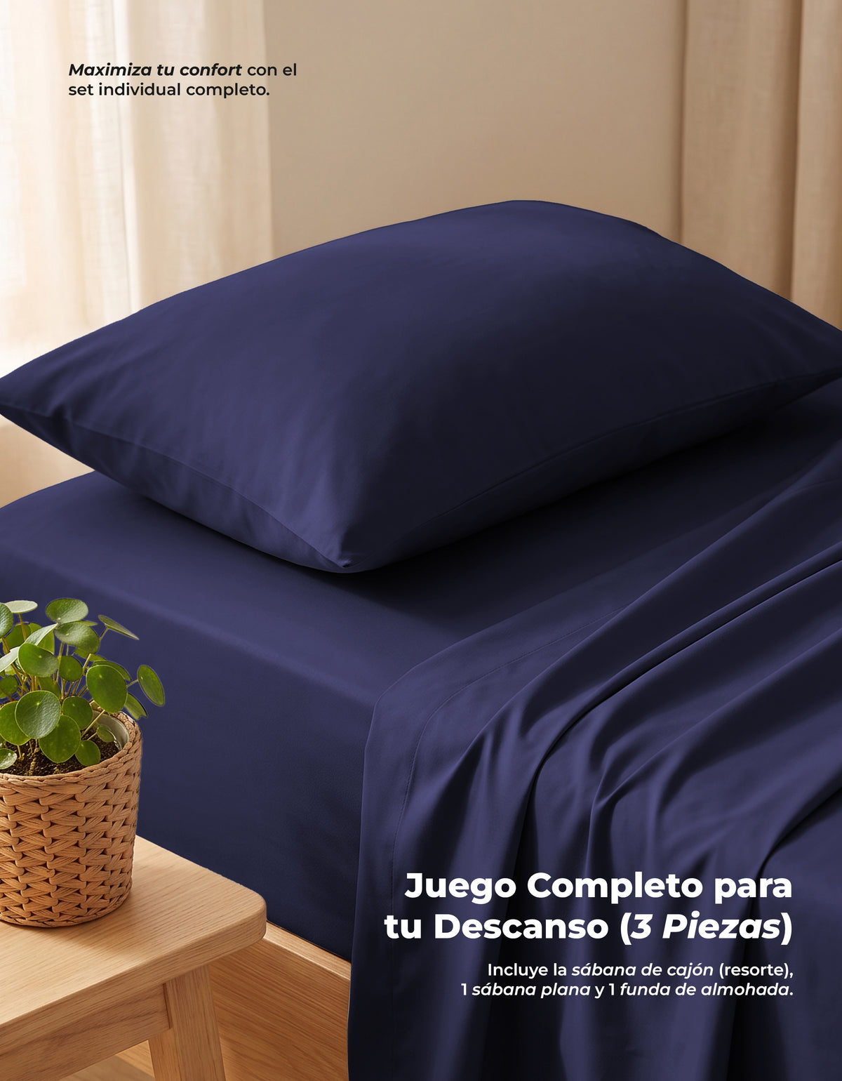 Juego de Sábanas Individual Microfibra 3 Piezas · Sábana de Cajón con Resorte color Azul Marino