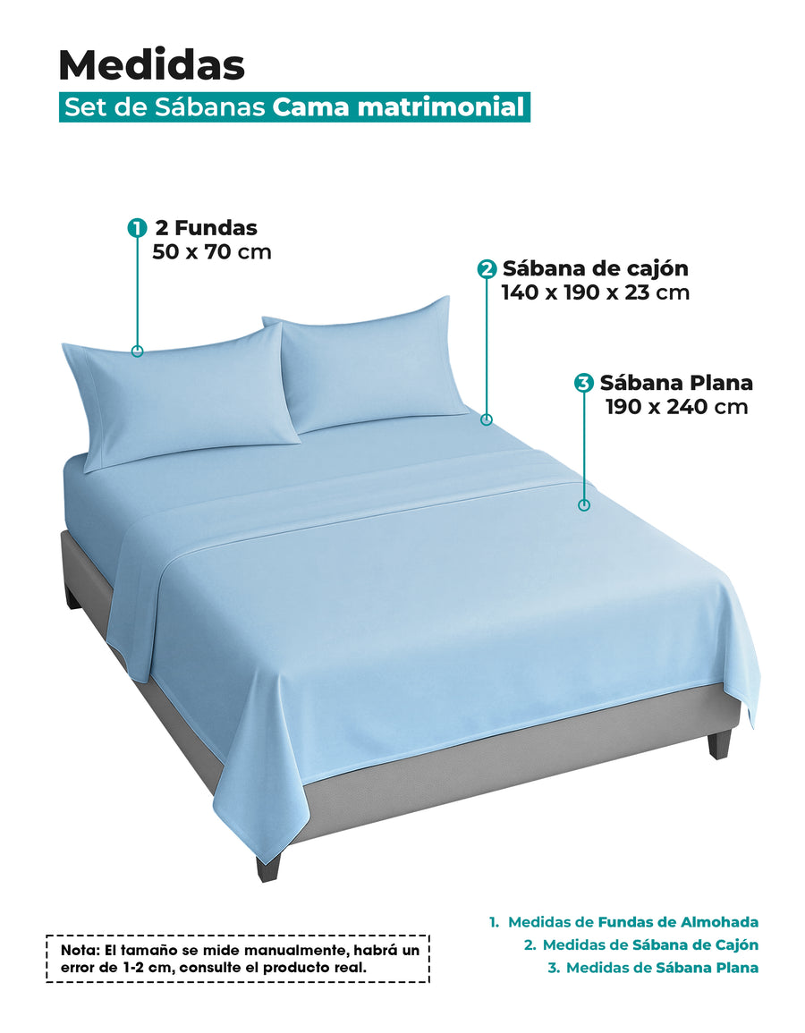 Juego de Sábanas Matrimonial Microfibra · Sábana de Cajón Ajustable color Azul Cielo