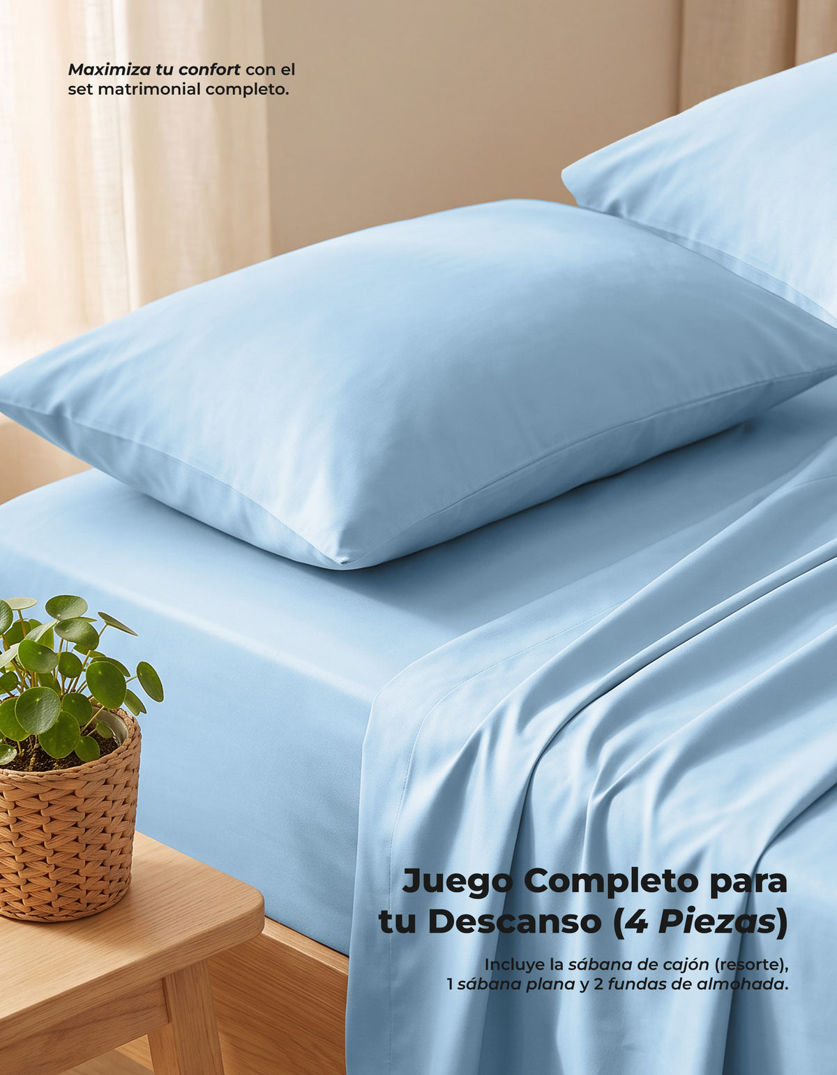 Juego de Sábanas Matrimonial Microfibra · Sábana de Cajón Ajustable color Azul Cielo