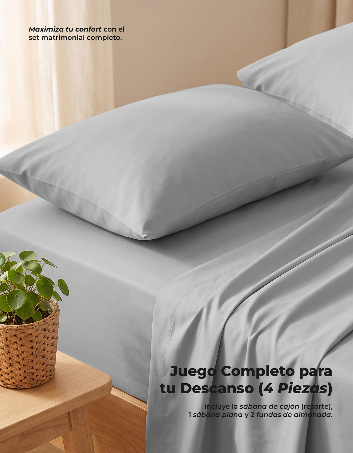 Juego de Sábanas Matrimonial Microfibra · Sábana de Cajón Ajustable color Gris Claro