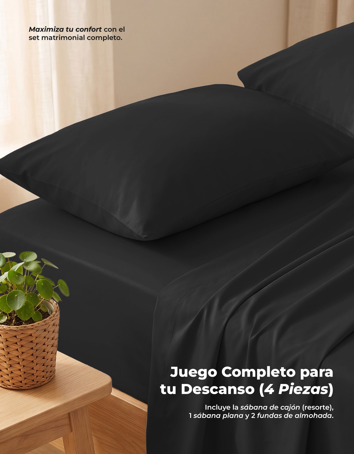Juego de Sábanas Matrimonial Microfibra · Sábana de Cajón Ajustable color Negro