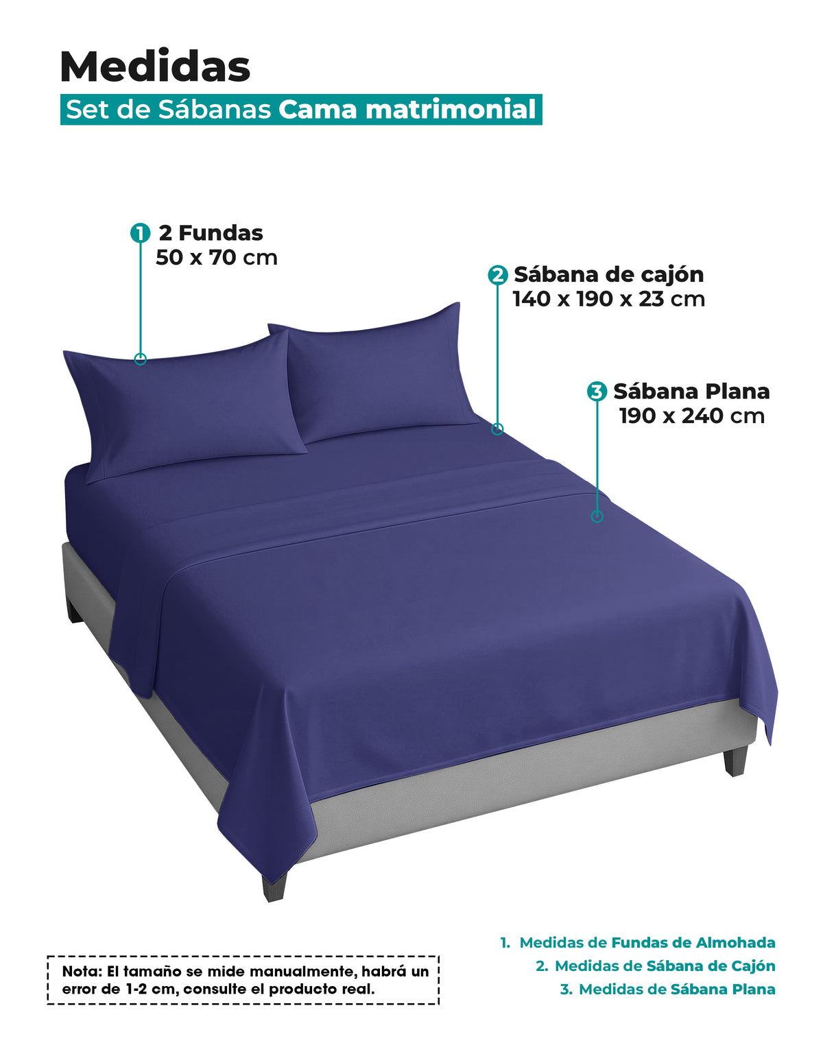 Juego de Sábanas Matrimonial Microfibra · Sábana de Cajón Ajustable color Azul Marino
