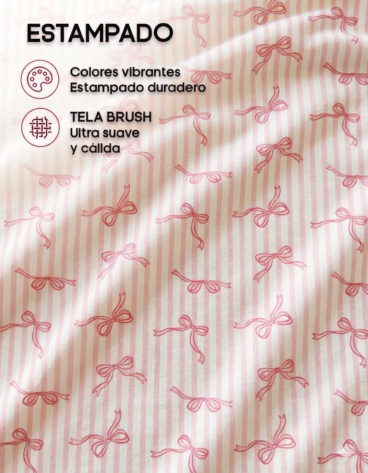 Pijama Polar Mujer Estampada 2 Piezas · Playera Manga Larga y Pantalón · Diseño Moños rosa