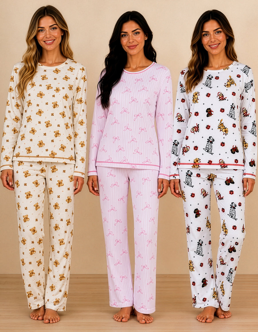 Pijama Polar Mujer Estampada 2 Piezas · Playera Manga Larga y Pantalón · Diseño Moños rosa