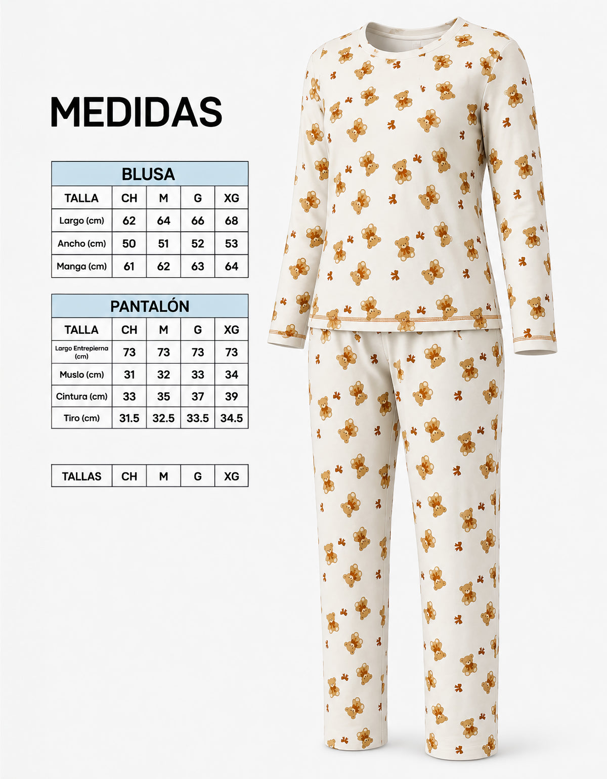 Pijama Polar Mujer Estampada 2 Piezas · Playera Manga Larga y Pantalón · Diseño Ositos beige