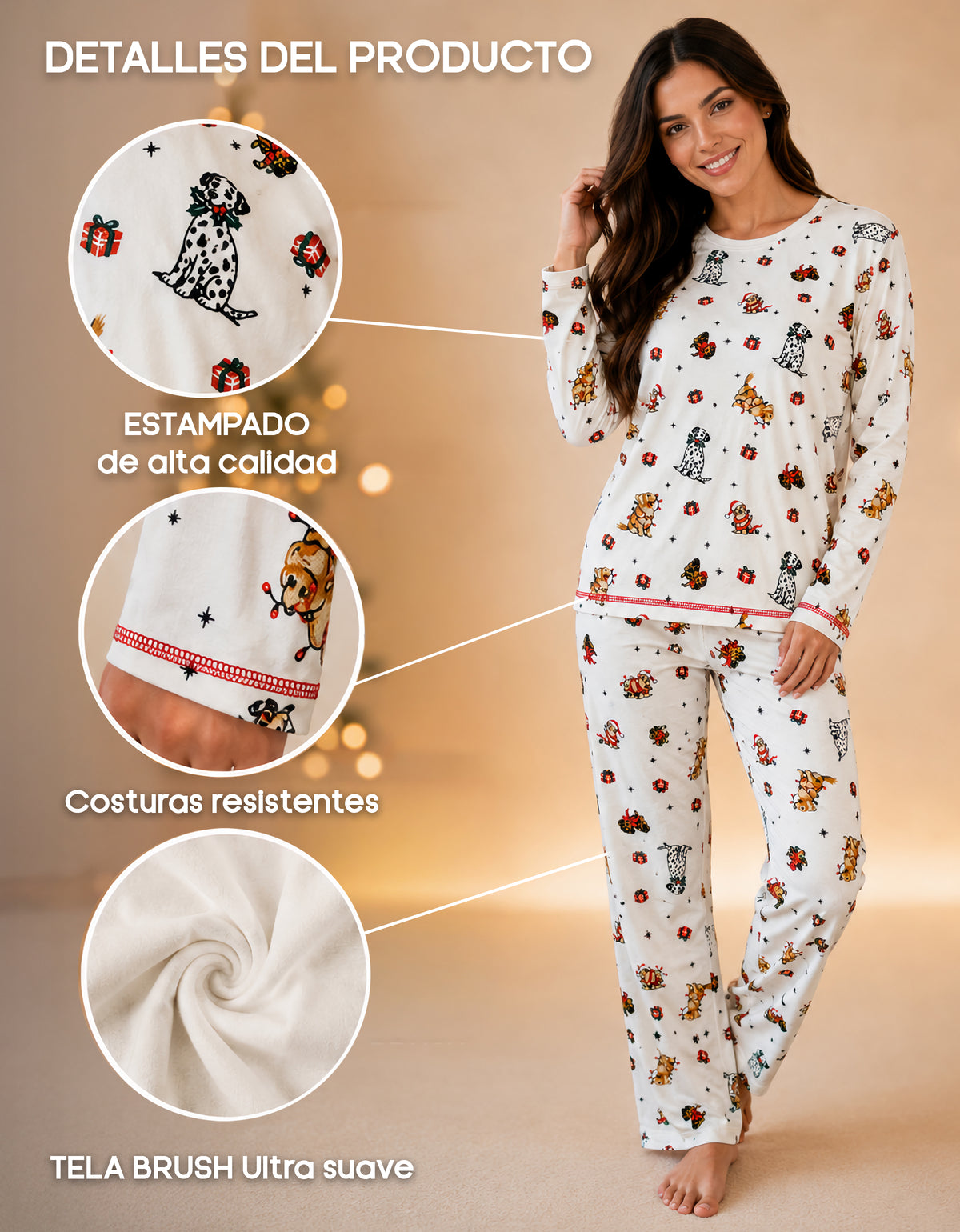 Pijama Polar Mujer Estampada 2 Piezas · Playera Manga Larga y Pantalón · Diseño Perritos blanco