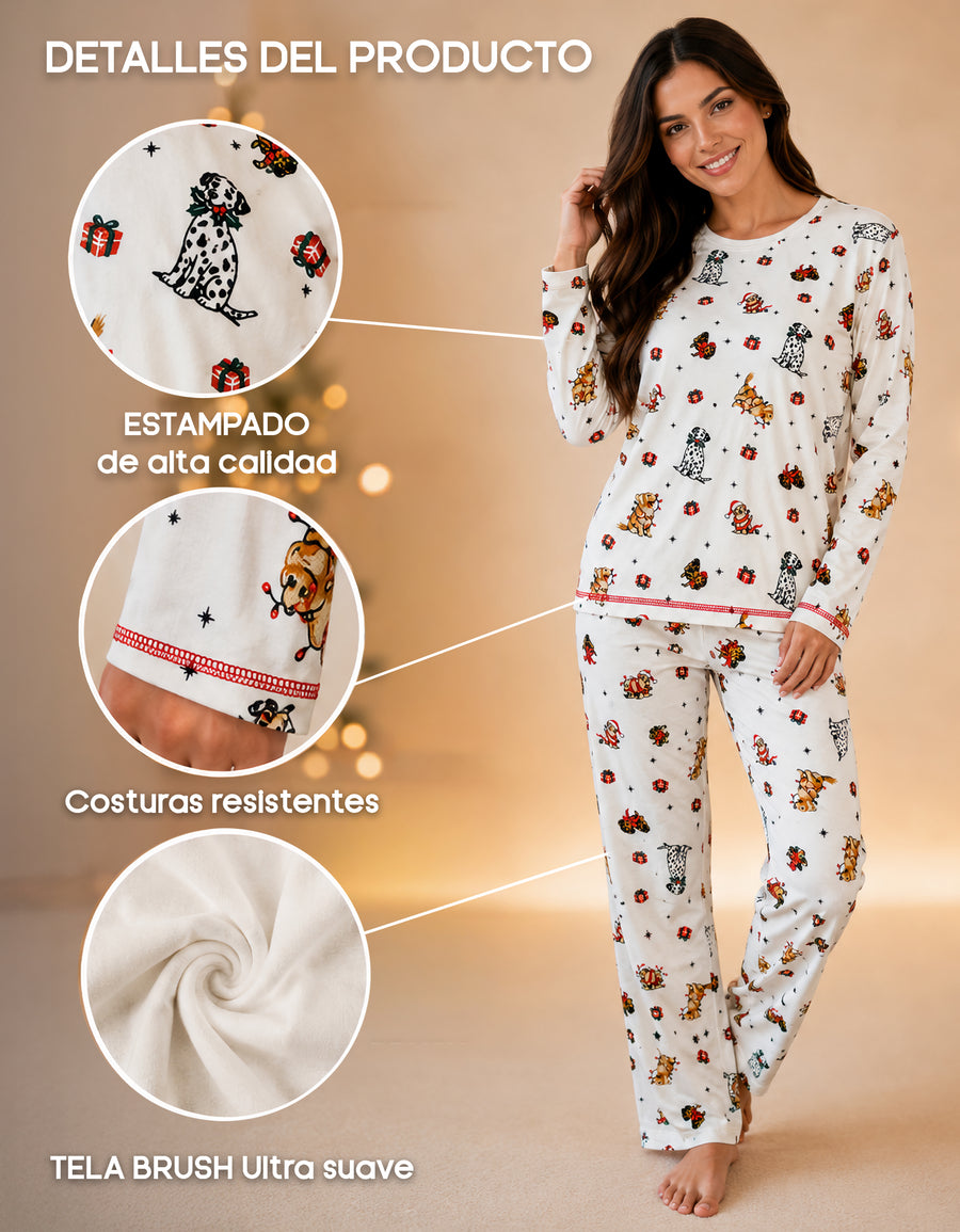 Pijama Polar Mujer Estampada 2 Piezas · Playera Manga Larga y Pantalón · Diseño Perritos blanco