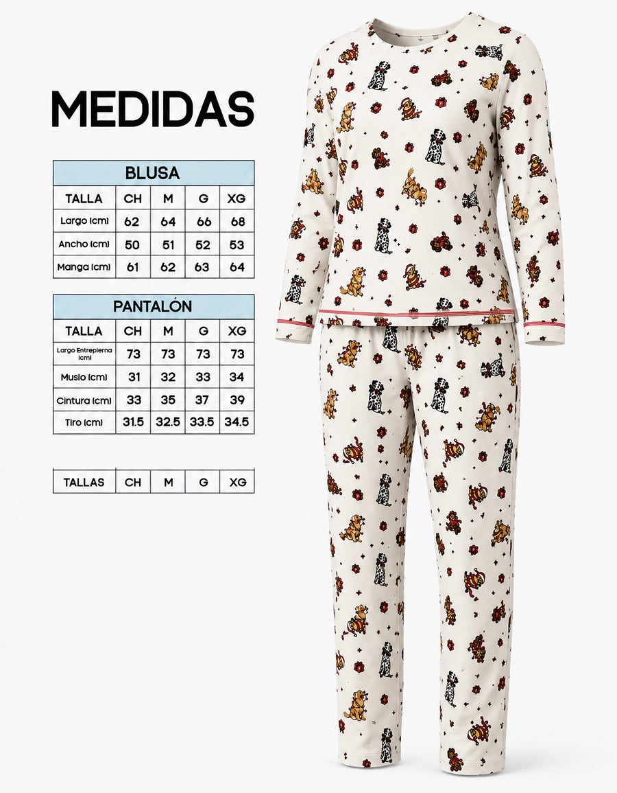 Pijama Polar Mujer Estampada 2 Piezas · Playera Manga Larga y Pantalón · Diseño Perritos blanco