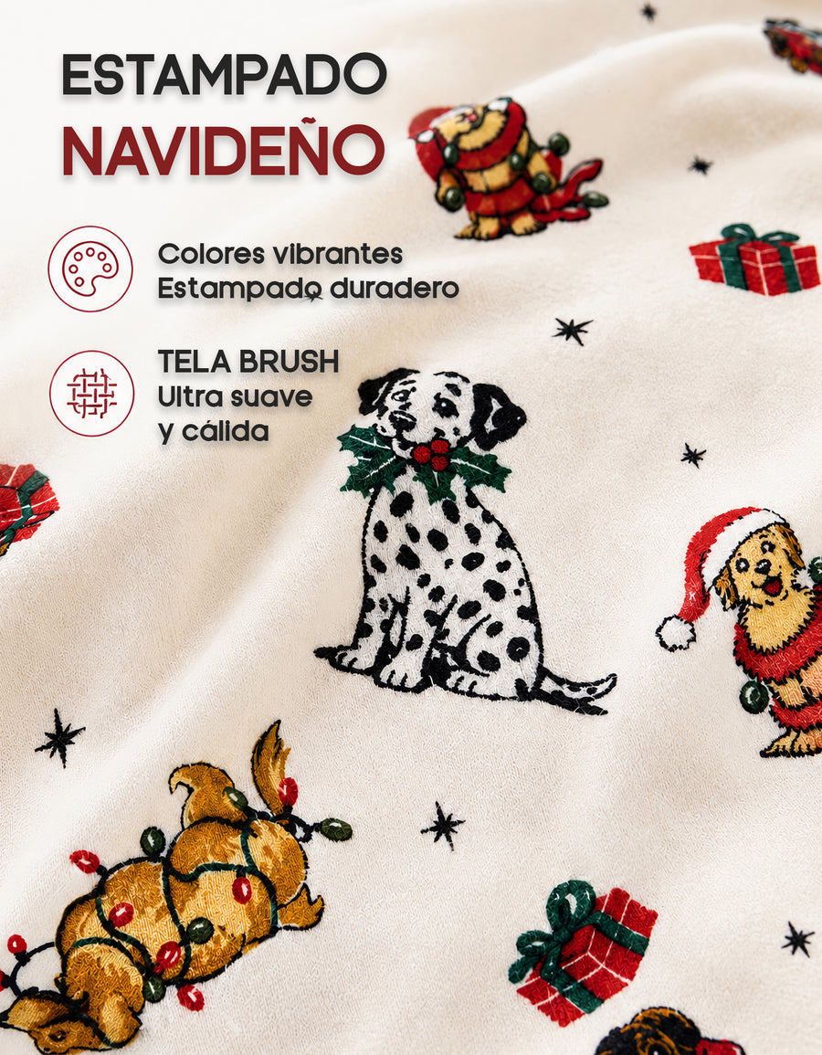 Pijama Polar Mujer Estampada 2 Piezas · Playera Manga Larga y Pantalón · Diseño Perritos blanco