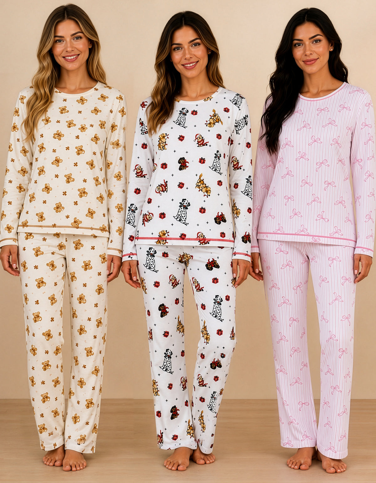 Pijama Polar Mujer Estampada 2 Piezas · Playera Manga Larga y Pantalón · Diseño Perritos blanco