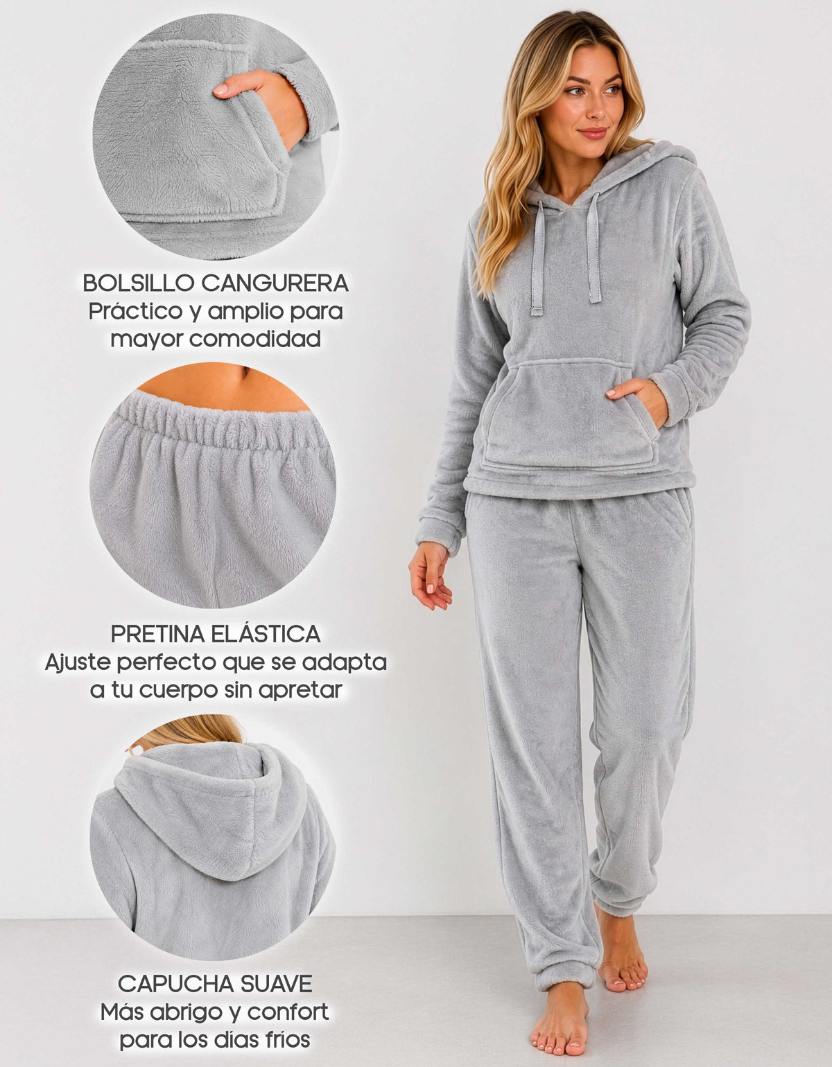 Conjunto de Borrega Mujer con Capucha · Sudadera y Pantalón Afelpado color Gris