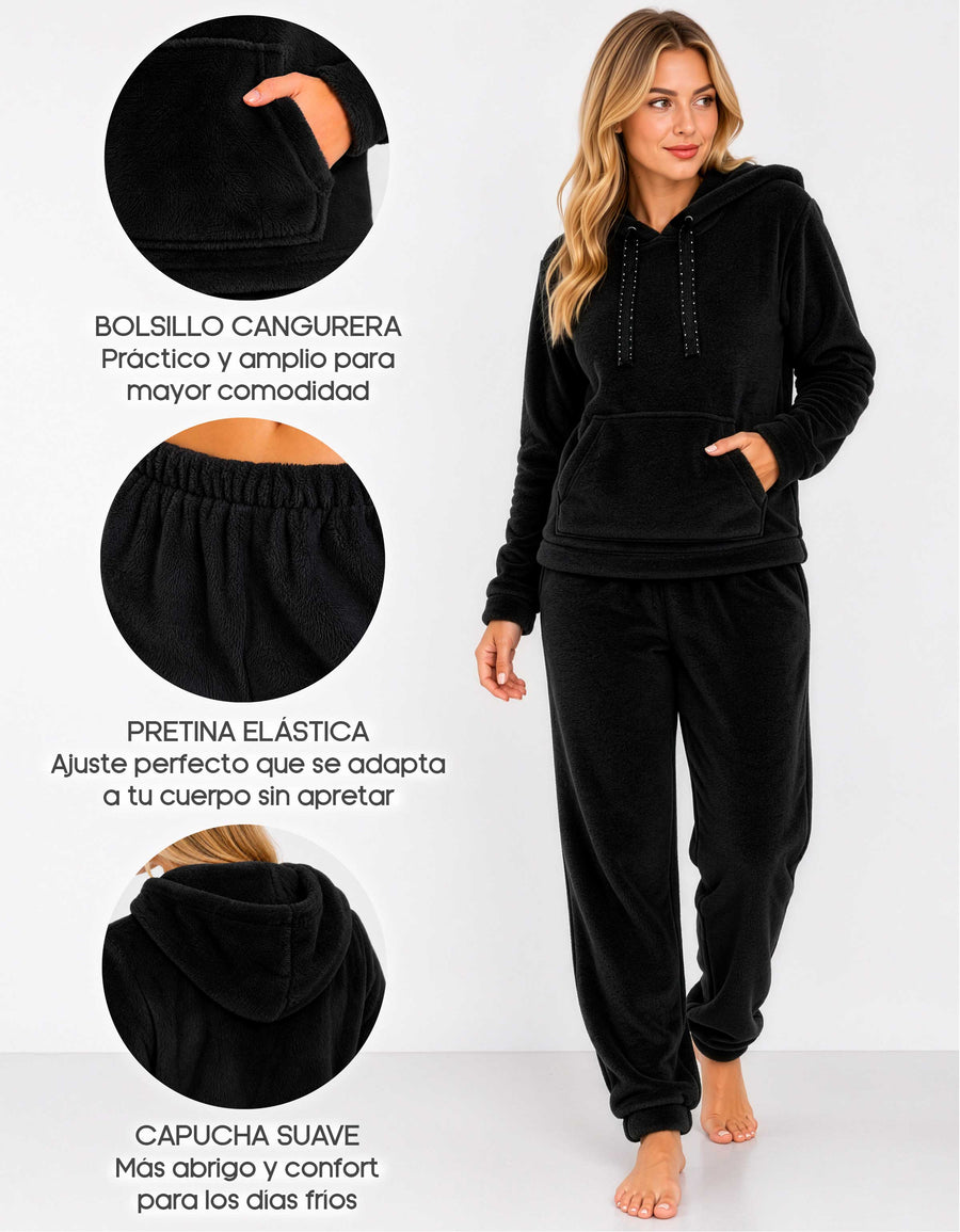 Conjunto de Borrega Mujer con Capucha · Sudadera y Pantalón Afelpado color Negro