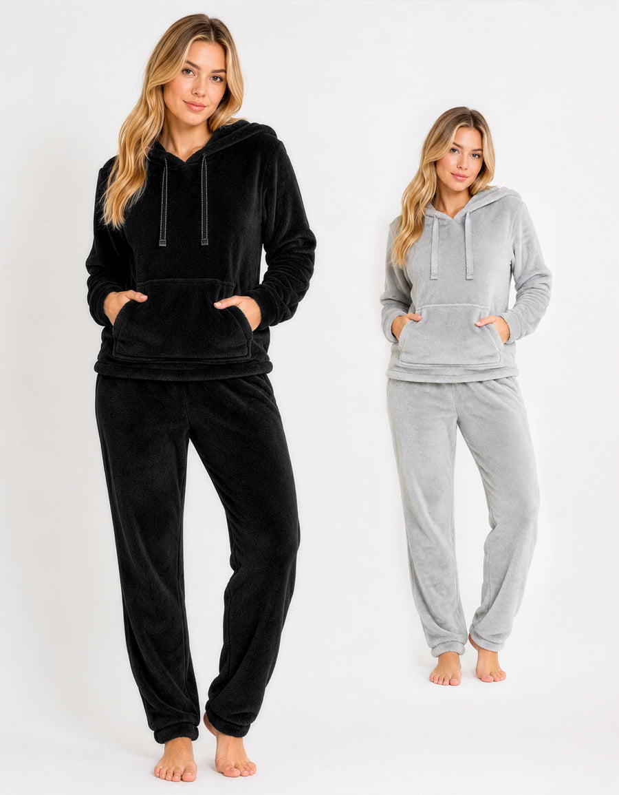 Conjunto de Borrega Mujer con Capucha · Sudadera y Pantalón Afelpado color Negro