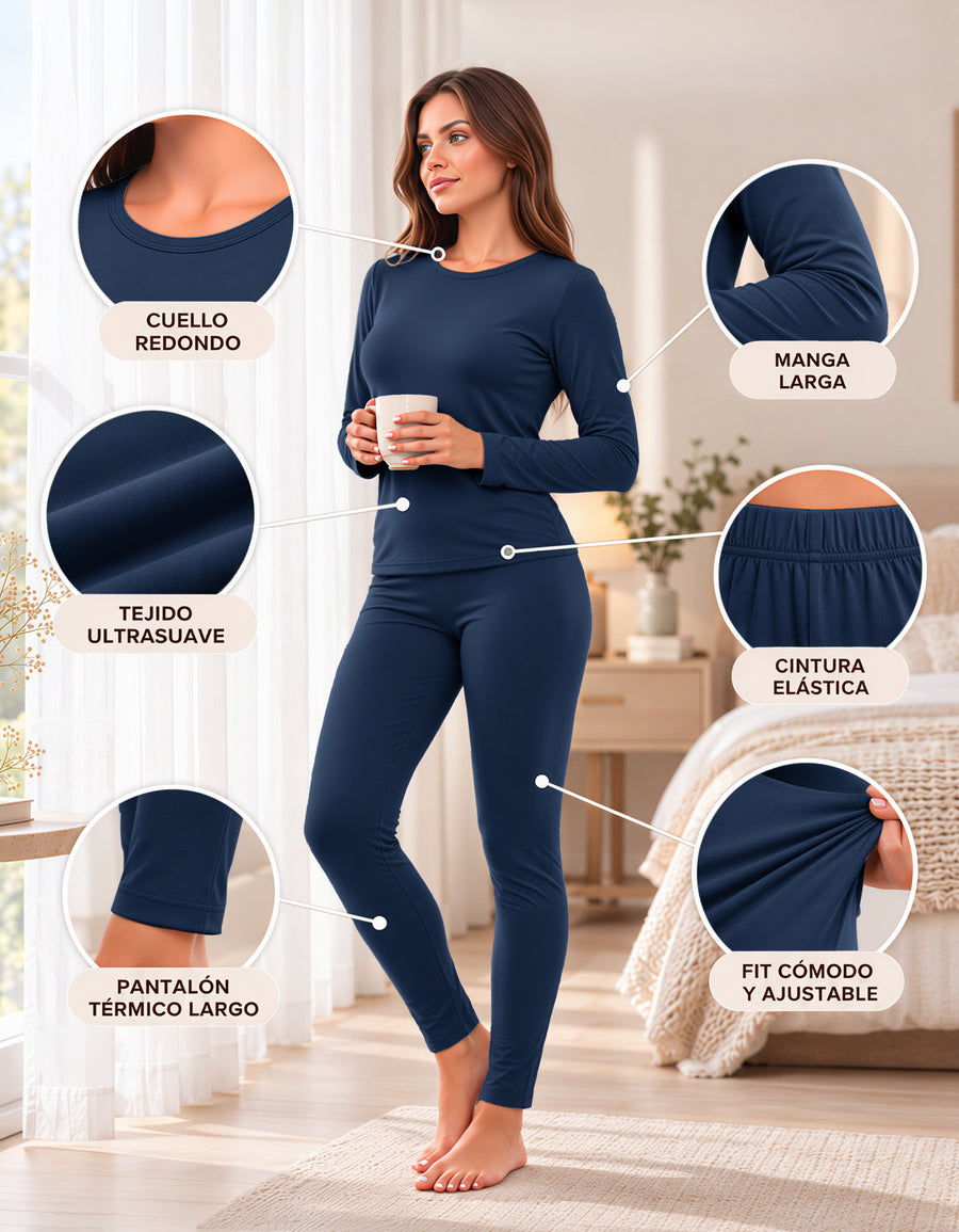 Conjunto Térmico Mujer Primera Capa · Playera Manga Larga y Mallón color Azul Marino