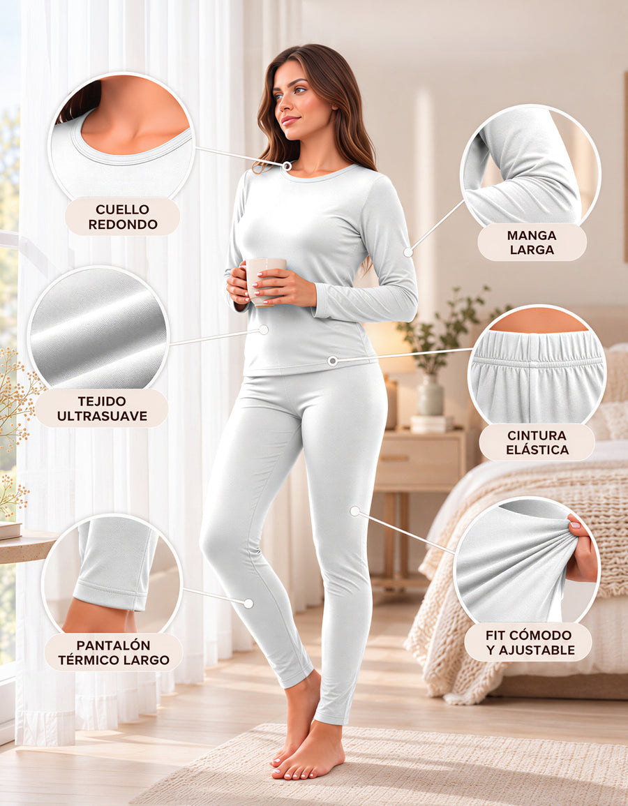 Conjunto Térmico Mujer Primera Capa · Playera Manga Larga y Mallón color Blanco