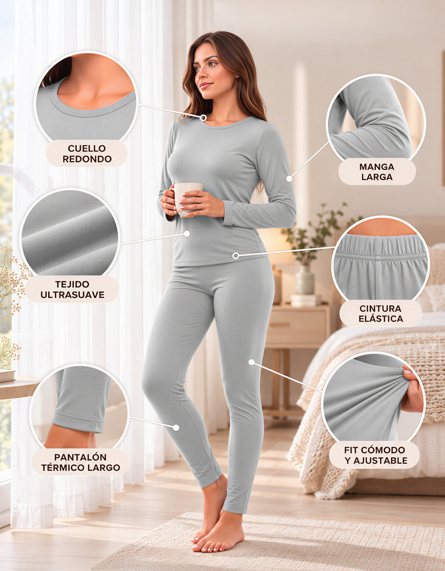 Conjunto Térmico Mujer Primera Capa · Playera Manga Larga y Mallón color Gris Jaspe