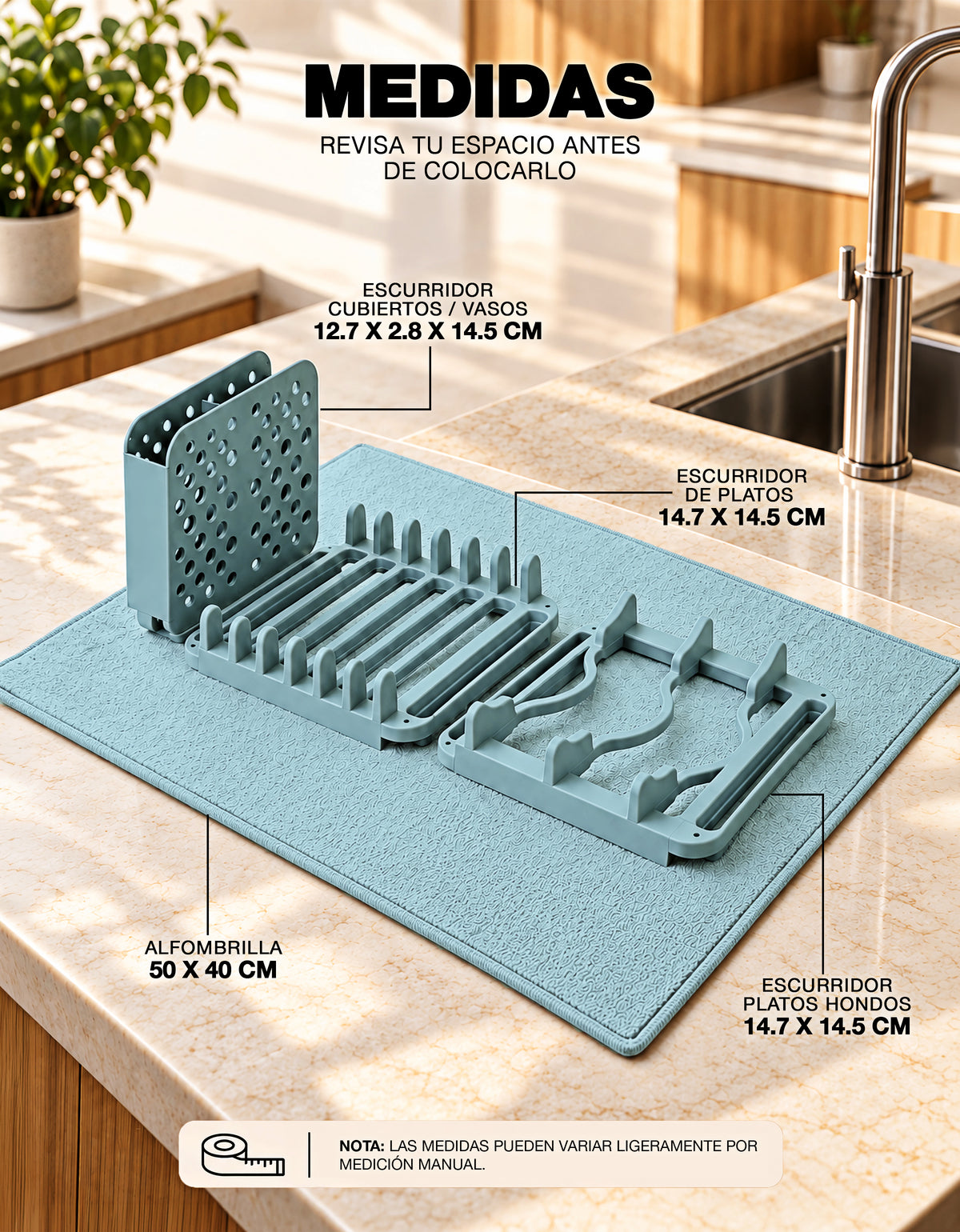 Escurridor de Platos 3 Secciones con Tapete de Secado 40 × 50 cm color Azul