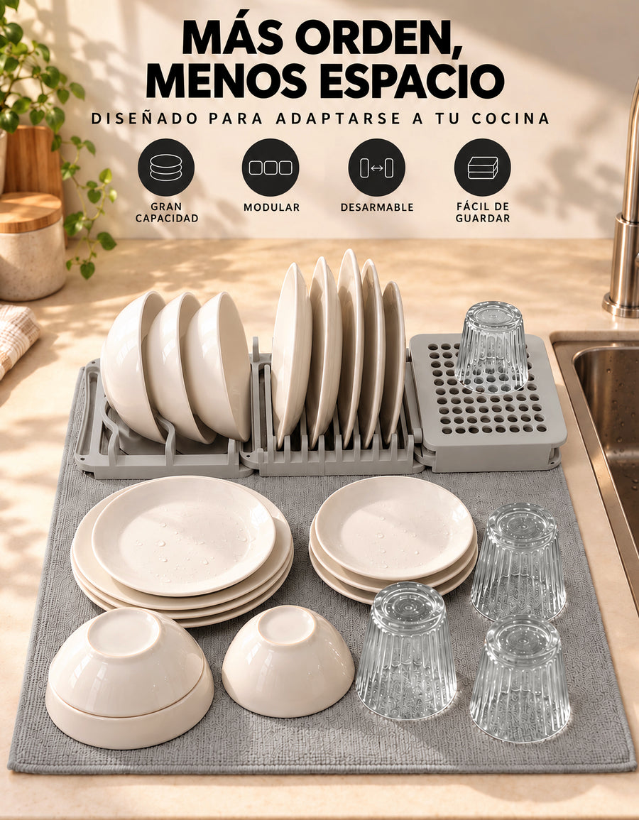 Escurridor de Platos 3 Secciones con Tapete de Secado 40 × 50 cm color Gris