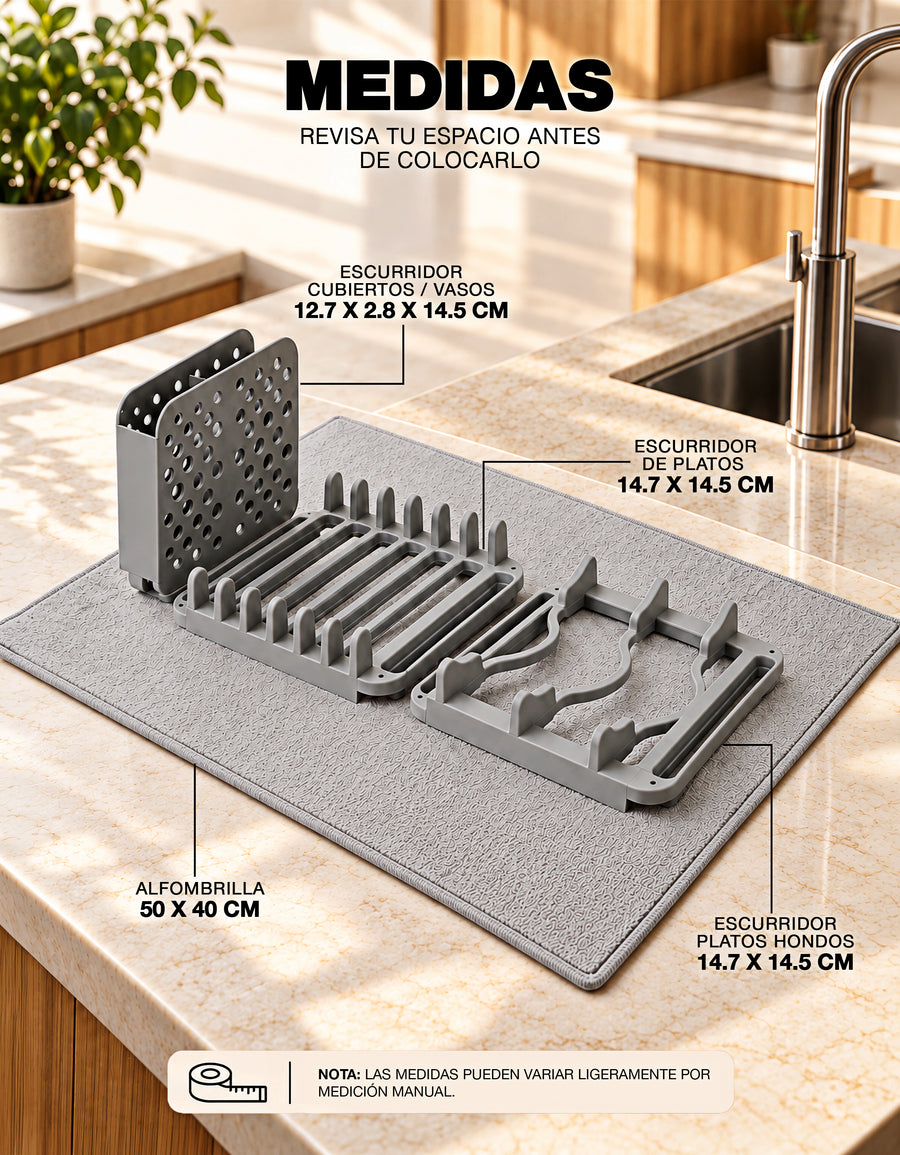 Escurridor de Platos 3 Secciones con Tapete de Secado 40 × 50 cm color Gris