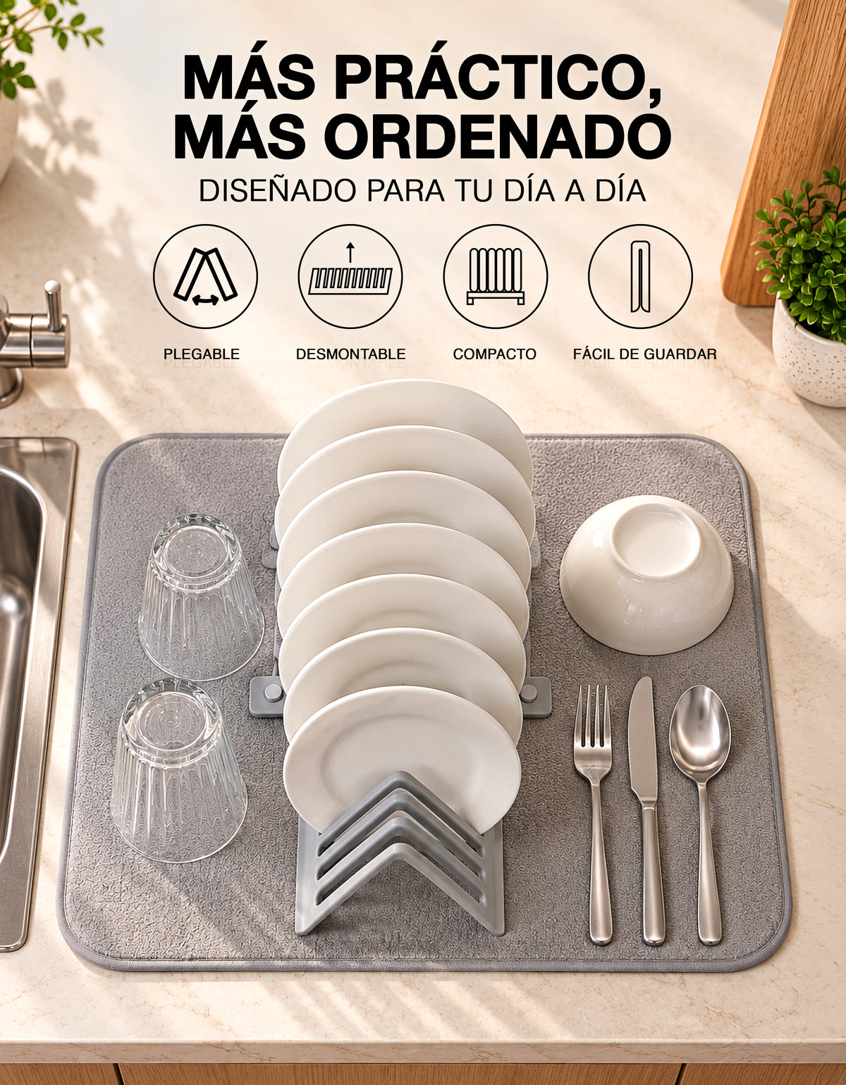 Escurridor de Platos Plegable con Tapete de Secado 35.5 × 46 cm · Gris