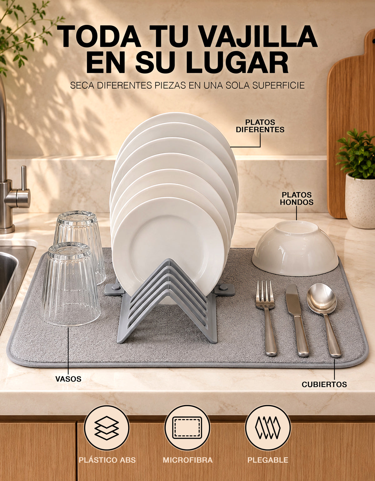 Escurridor de Platos Plegable con Tapete de Secado 35.5 × 46 cm · Gris
