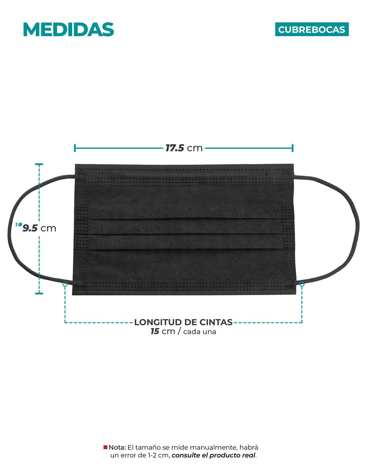 Cubrebocas Desechable 50 Piezas · Polipropileno · Clip Nasal Flexible color Negro