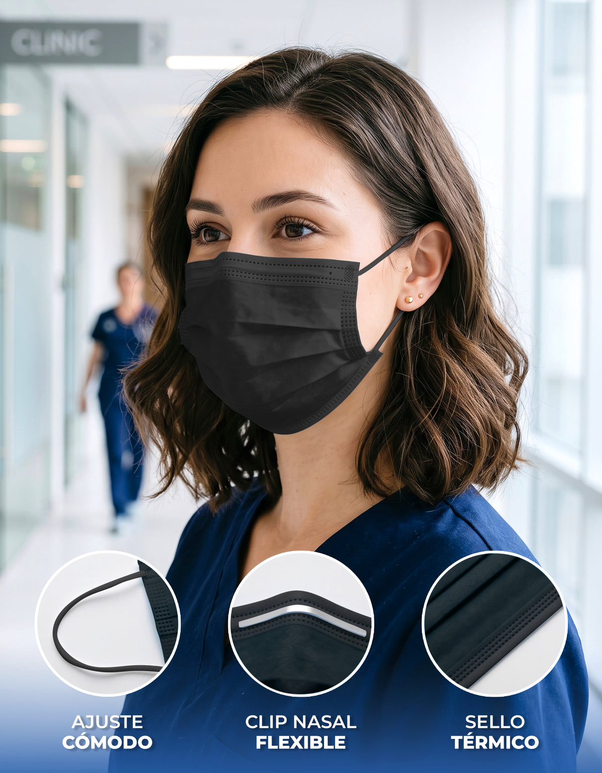 Cubrebocas Desechable 50 Piezas · Polipropileno · Clip Nasal Flexible color Negro