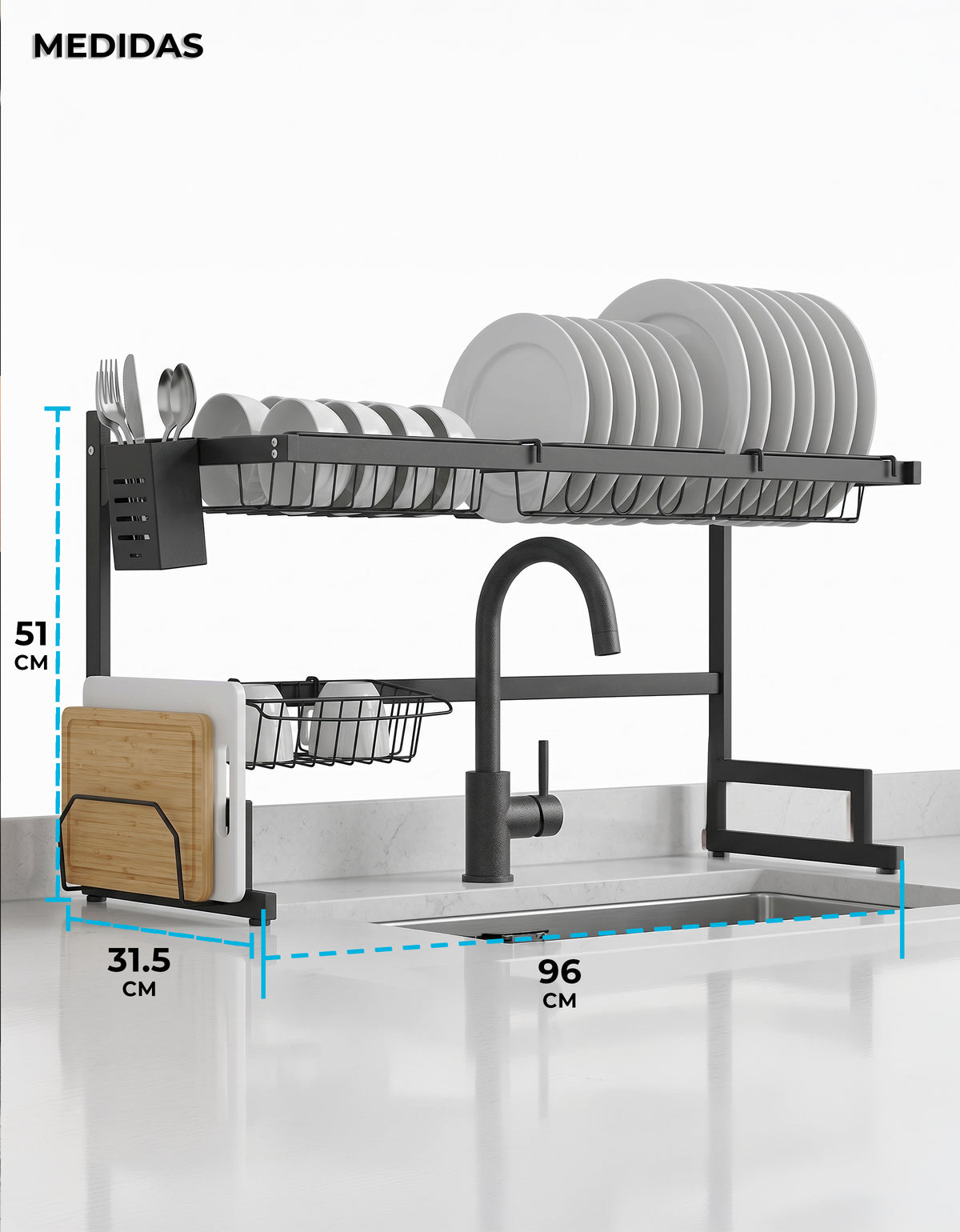 Escurridor de Trastes sobre Fregadero 96 cm · 2 Niveles con Porta Cuchillos y Canasta para Esponja