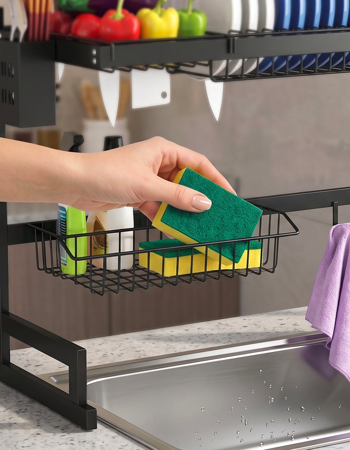 Escurridor de Trastes sobre Fregadero 96 cm · 2 Niveles con Porta Cuchillos y Canasta para Esponja