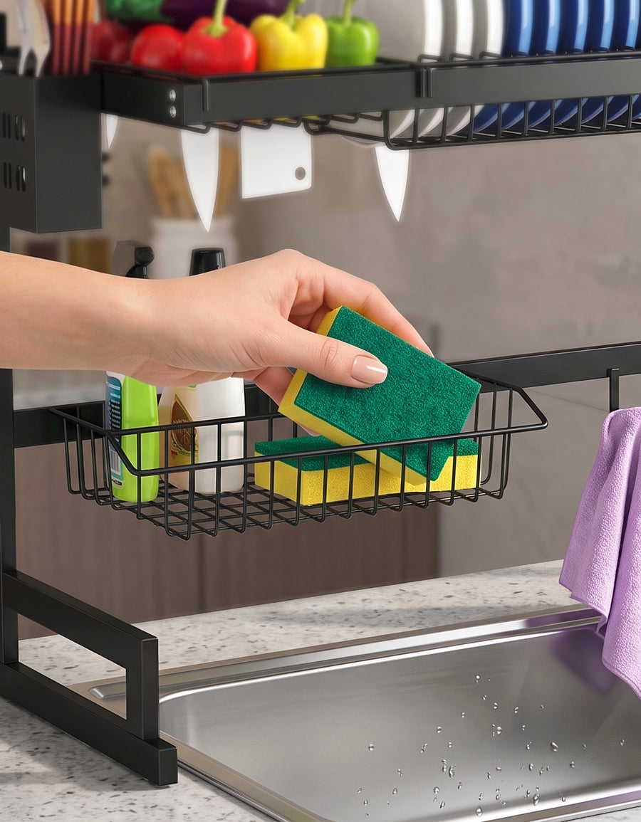 Escurridor de Trastes sobre Fregadero 96 cm · 2 Niveles con Porta Cuchillos y Canasta para Esponja