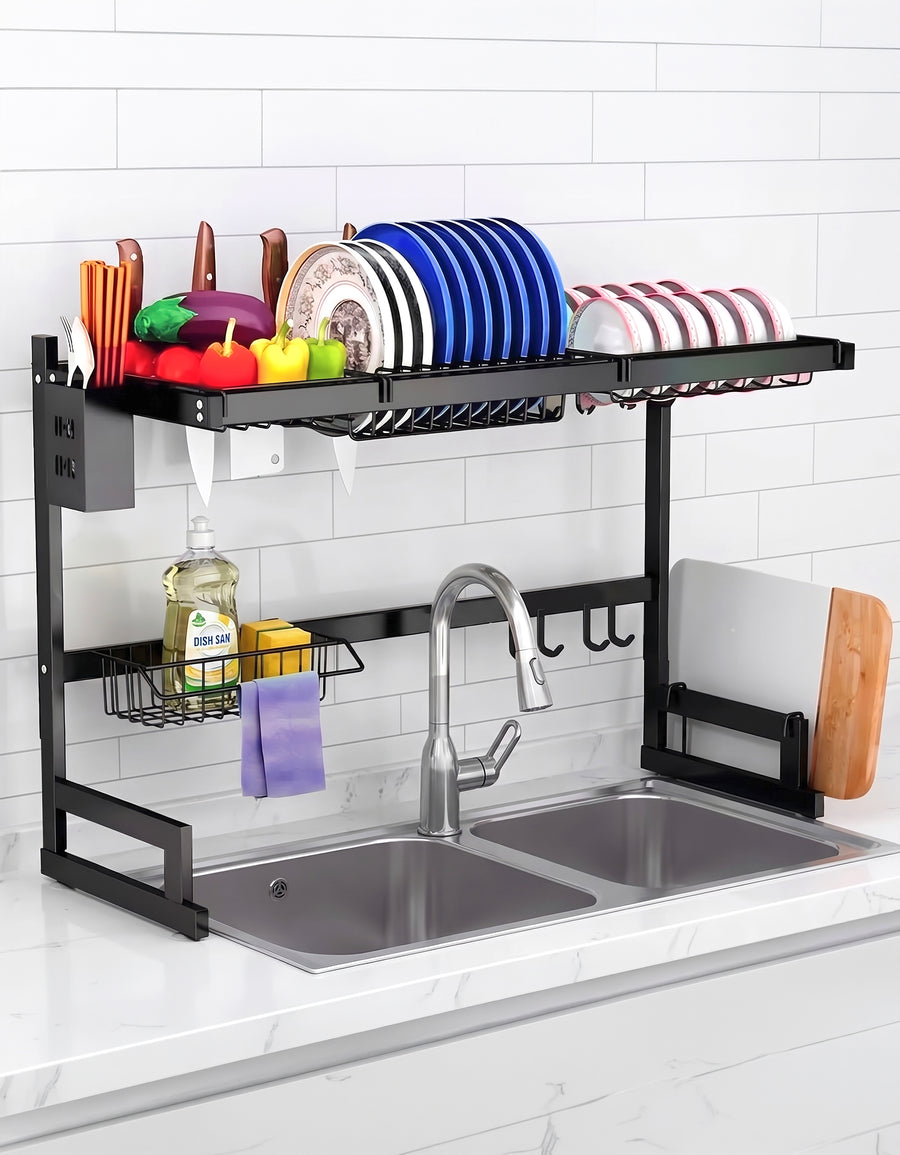 Escurridor de Trastes sobre Fregadero 96 cm · 2 Niveles con Porta Cuchillos y Canasta para Esponja