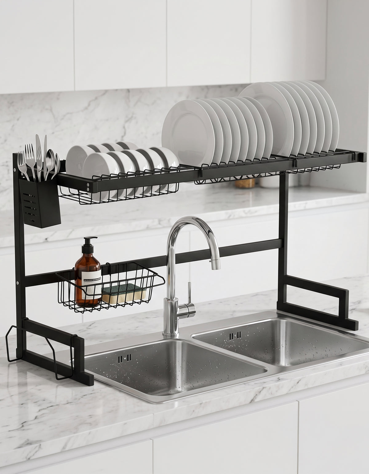 Escurridor de Trastes sobre Fregadero 96 cm · 2 Niveles con Porta Cuchillos y Canasta para Esponja